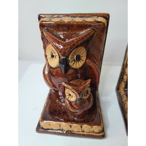 Vintage Owl Mama and Baby Brown Ceramic Glossy Bookends Set of Two - Picture 8 of 9